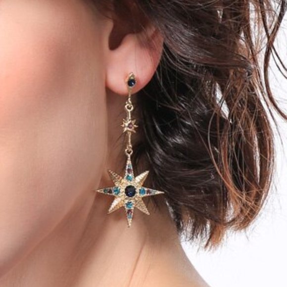 Multi Colors Gold Moon and Star Earrings - Picture 2 of 4